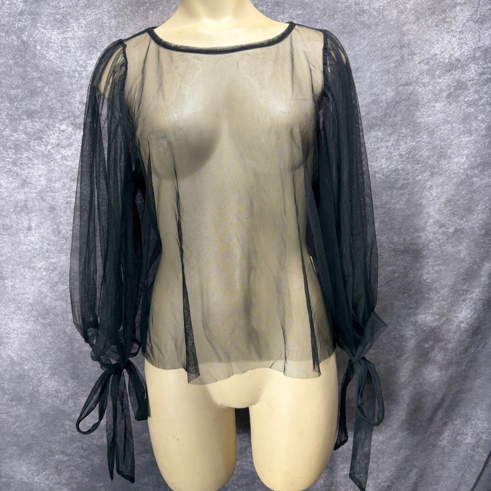 Story On Black Sheer Tulle Mesh Balloon Sleeve Tie Cuff Top Size S Whimsigoth